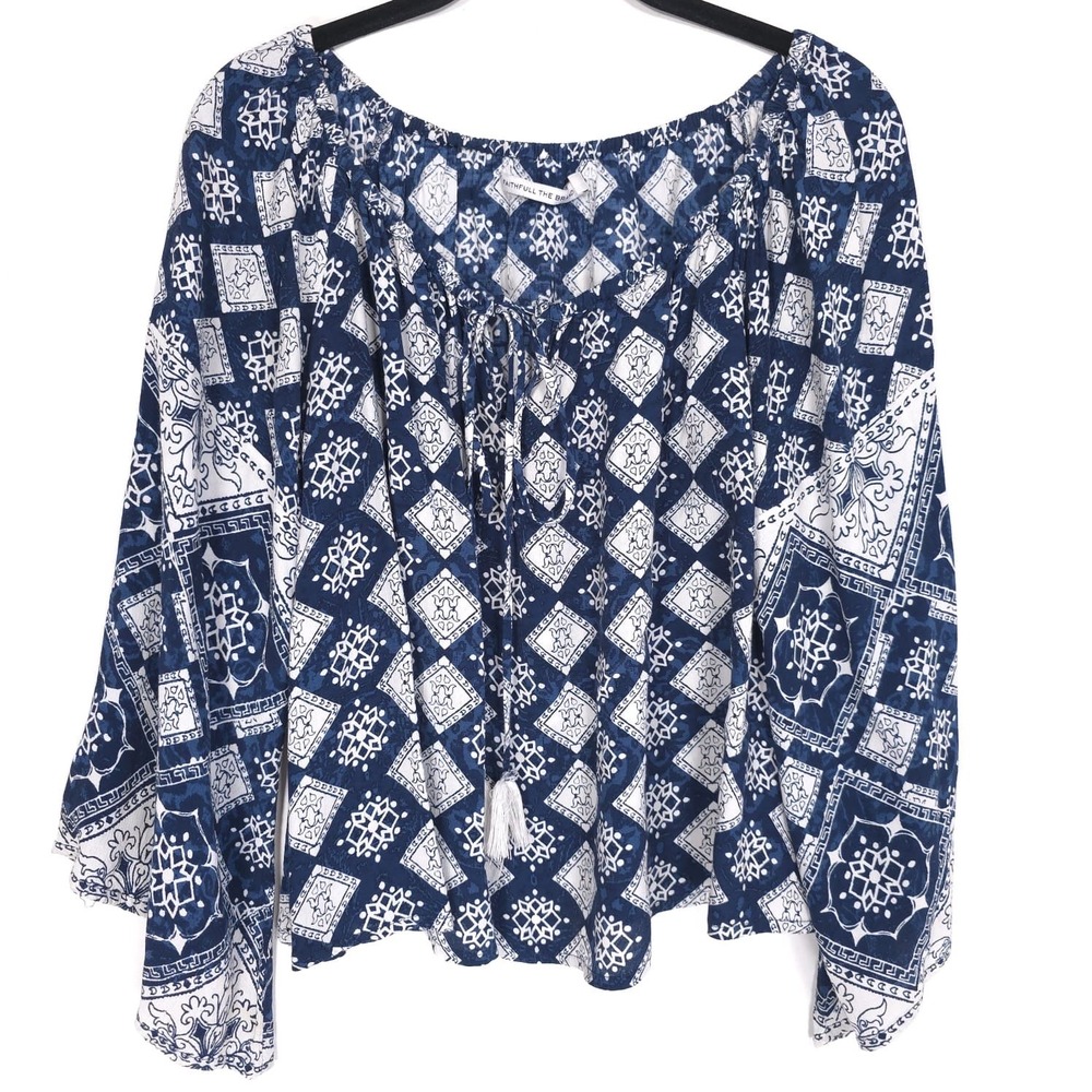 FAITHFULL THE BRAND Boho Peasant Rayon Top Blouse Tassel Tie Long Sleeve SMALL